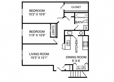 Floor plan for 2 beds, 1 bath, 850 sqft